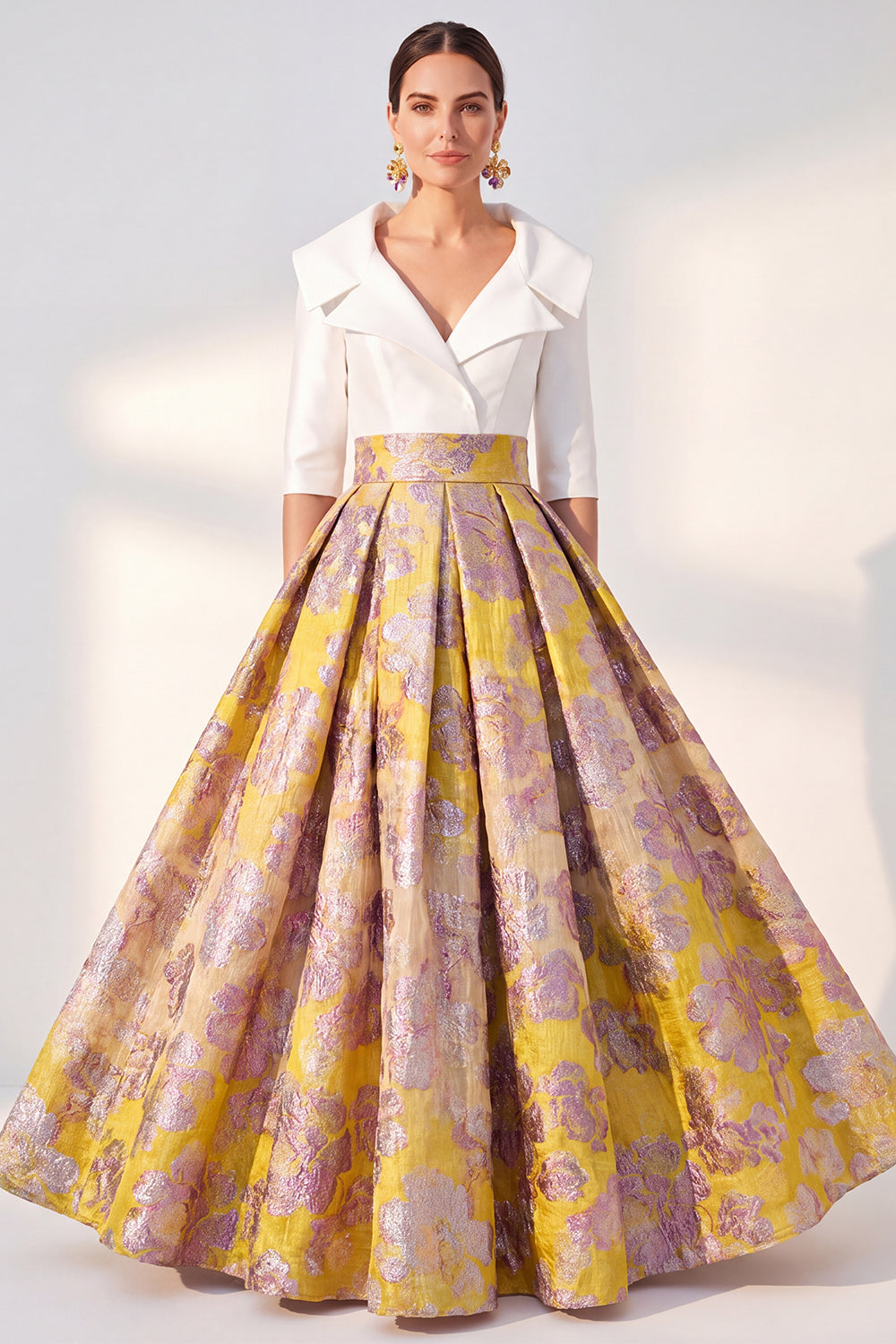 A-Line Navy Floral Long Mother of the Bride Dress with 3/4 Sleeves