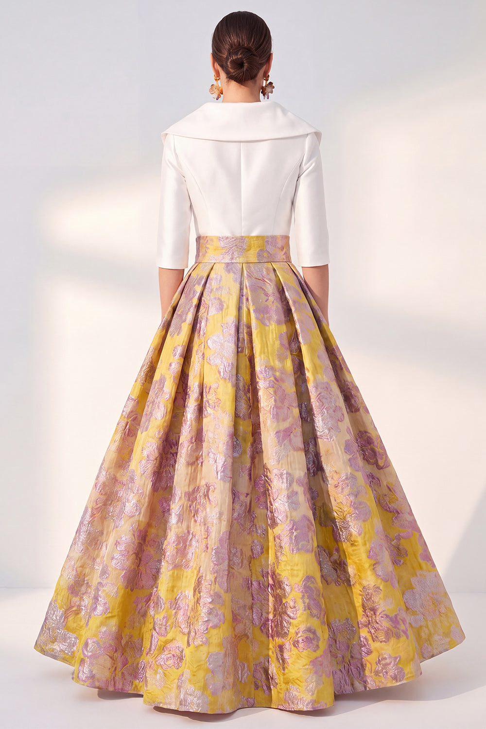 A-Line Navy Floral Long Mother of the Bride Dress with 3/4 Sleeves