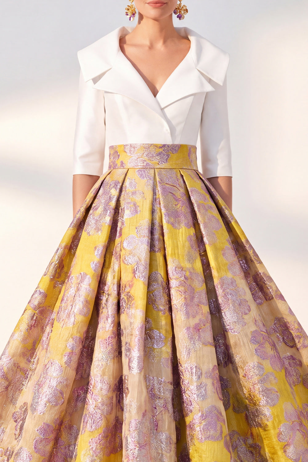 A-Line Navy Floral Long Mother of the Bride Dress with 3/4 Sleeves