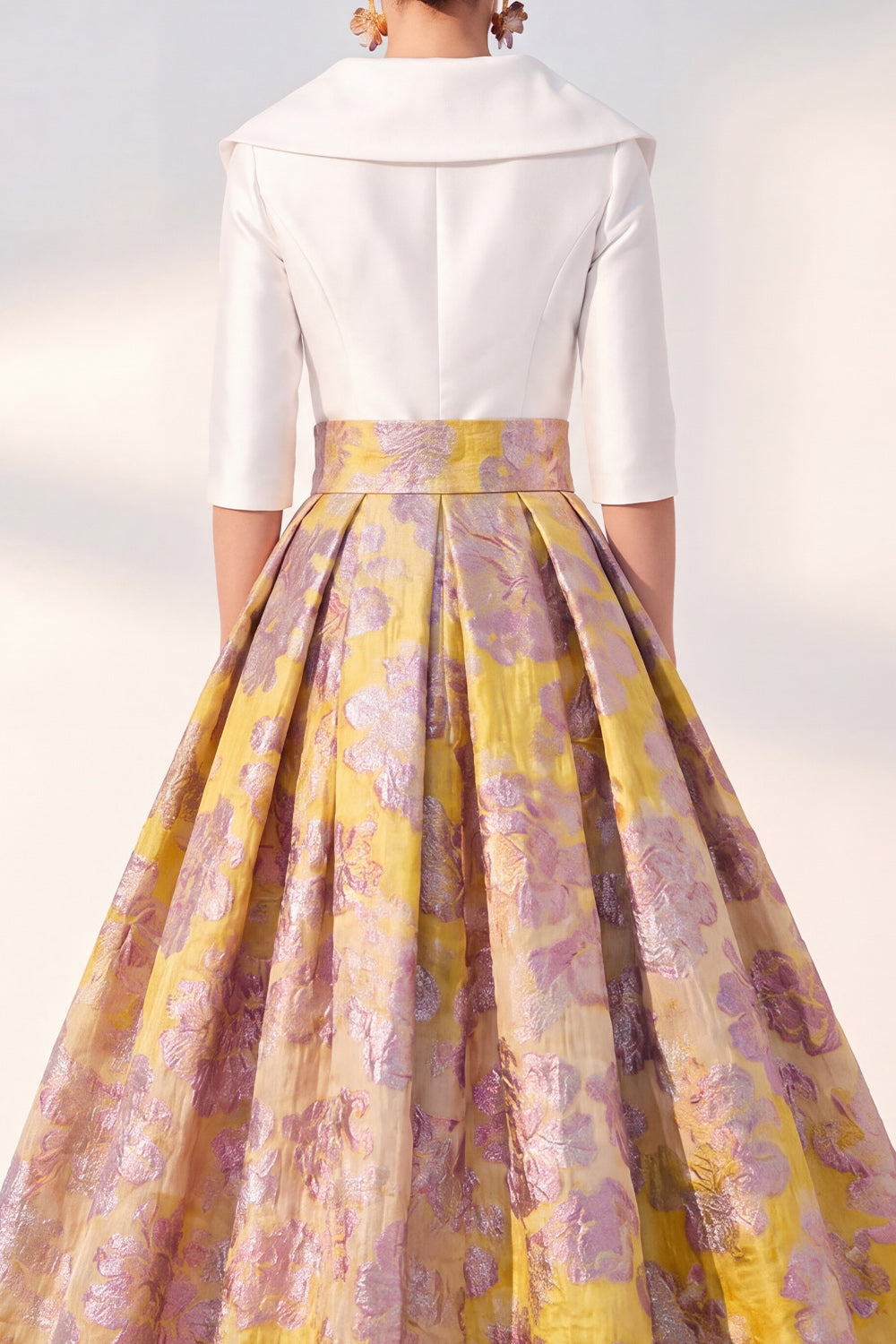 A-Line Navy Floral Long Mother of the Bride Dress with 3/4 Sleeves
