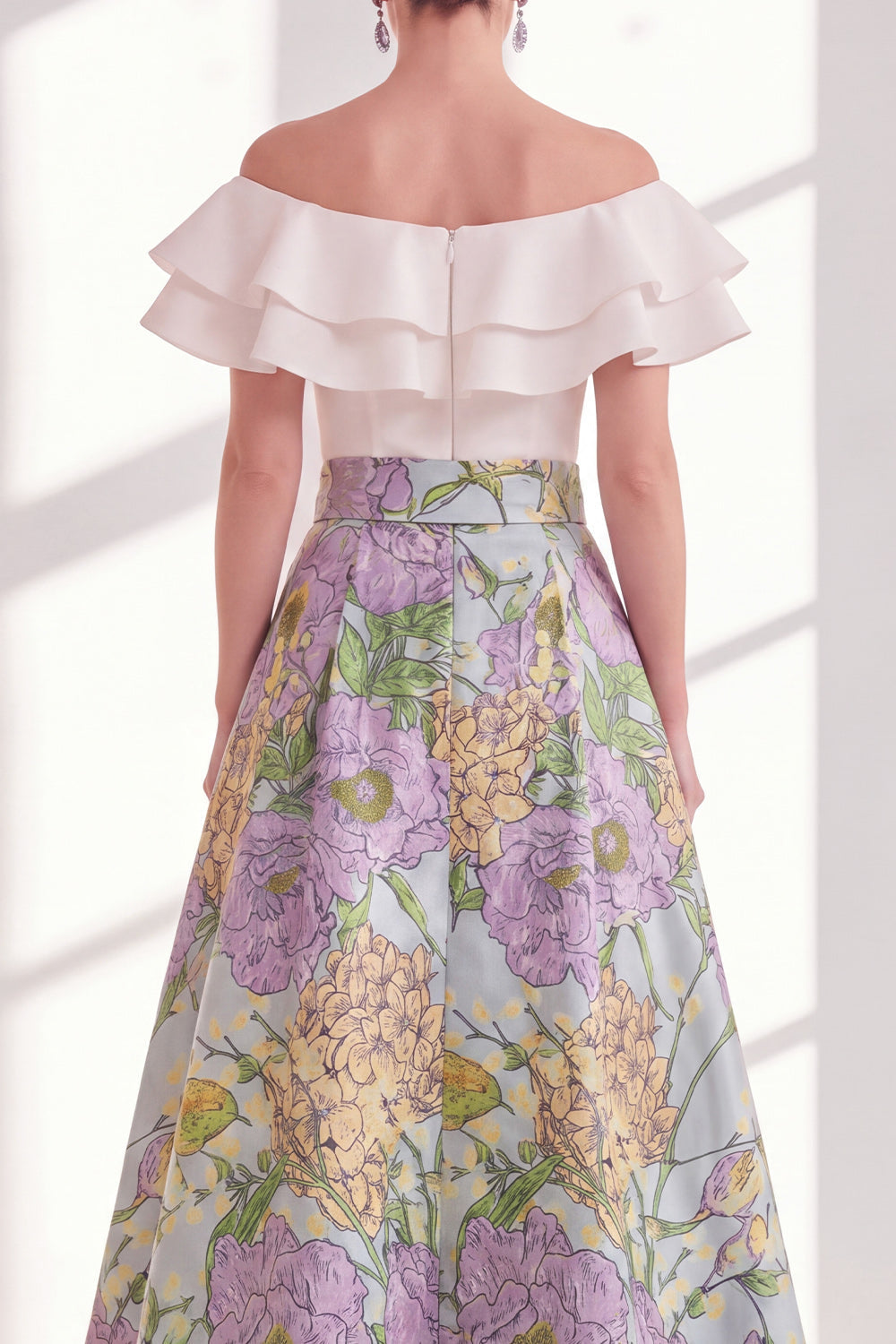Pink Blue Flower A-Line Off the Shoulder Ruffled Long Mother Of the Bride Dress with Belt