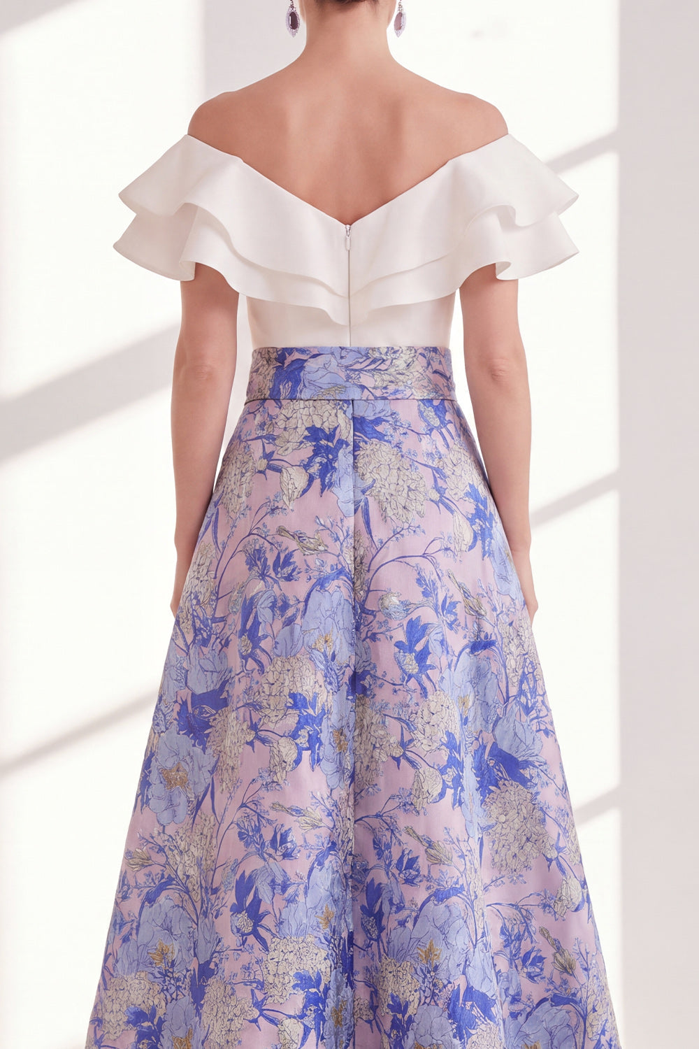 Pink Blue Flower A-Line Off the Shoulder Ruffled Long Mother Of the Bride Dress with Belt