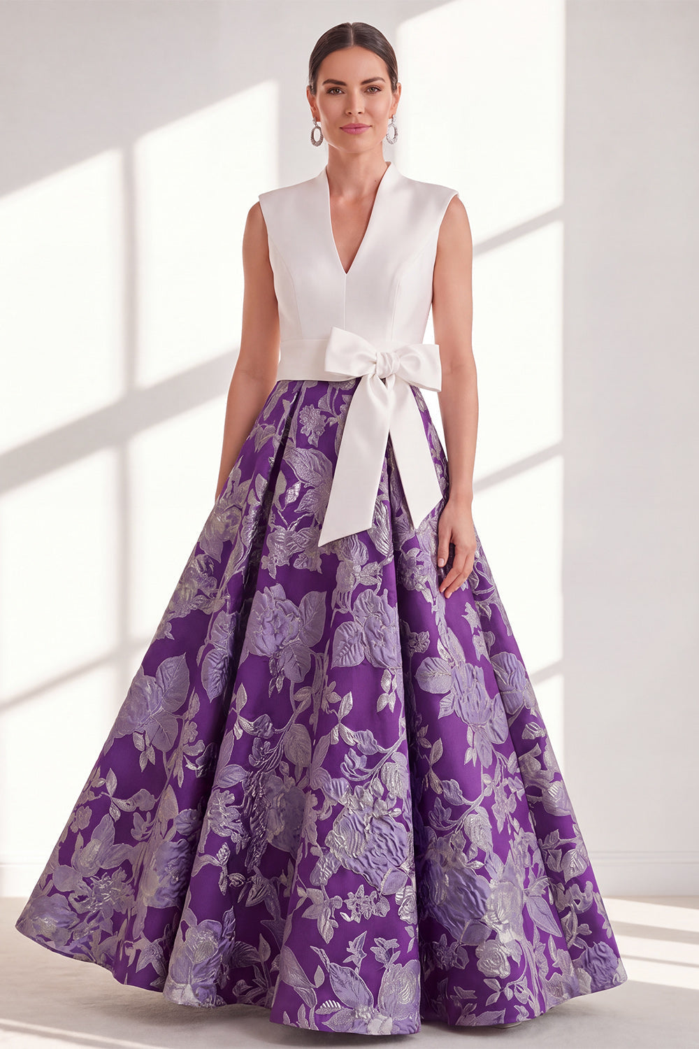 Blue A-Line V-Neck Long Mother of the Bride Dress with Bow