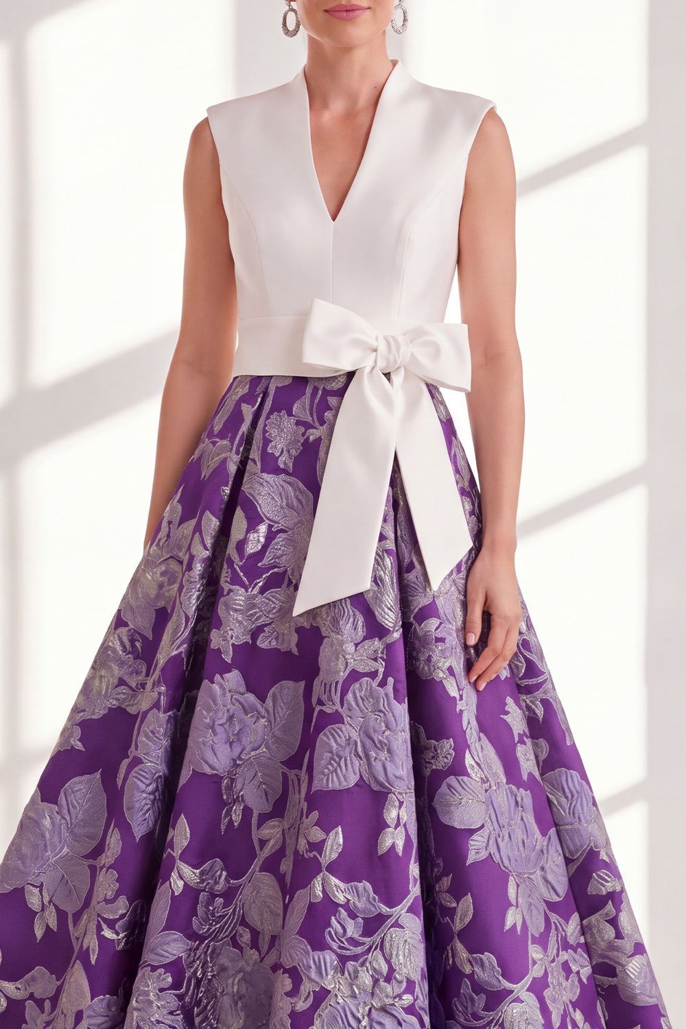 Blue A-Line V-Neck Long Mother of the Bride Dress with Bow