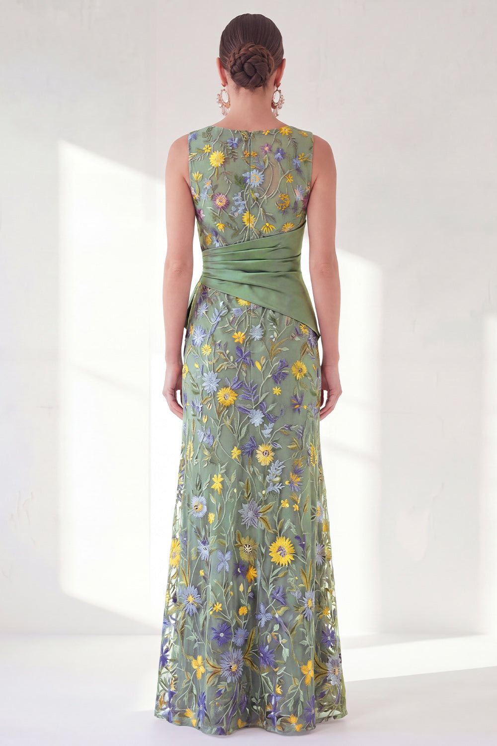 Navy Mermaid Bateau Neck Floral Long Mother of the Bride Dress with Slit