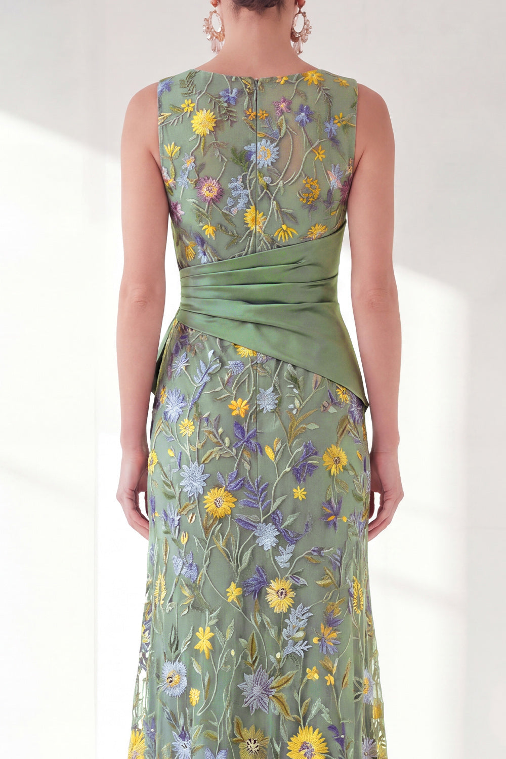 Navy Mermaid Bateau Neck Floral Long Mother of the Bride Dress with Slit