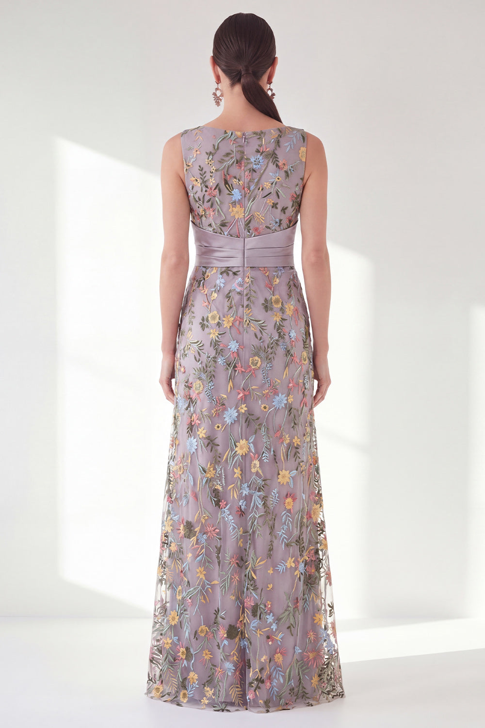 Navy Mermaid Bateau Neck Floral Long Mother of the Bride Dress with Slit