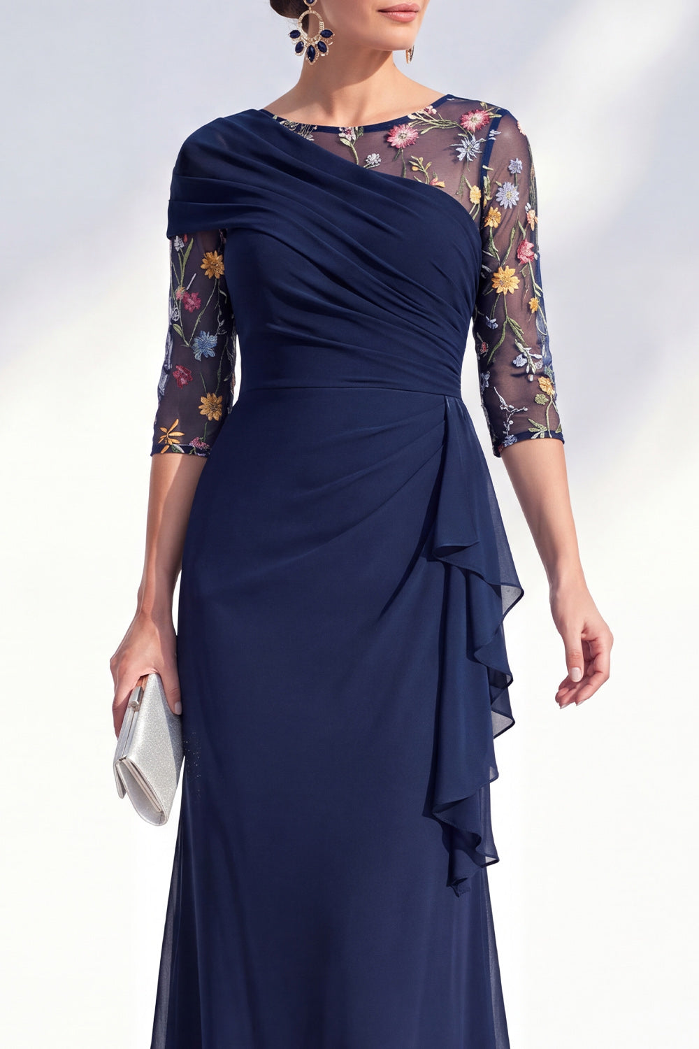 Green Mermaid Bateau Neck Chiffon Floral Long Mother of the Bride Dress