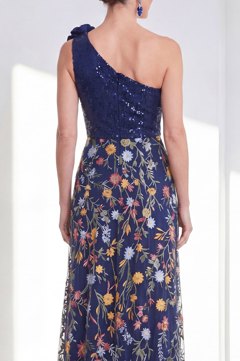 Sparkly A-Line Navy One Shoulder Sequins Floral Long Mother Of the Bride Dress with Slit