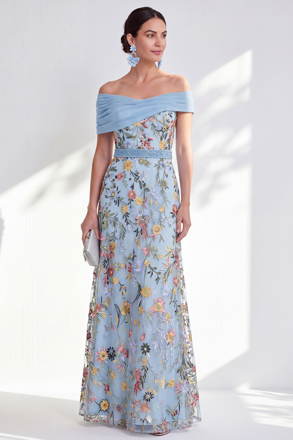 Green A-Line Off-the-Shoulder Floral Long Mother of the Bride Dress
