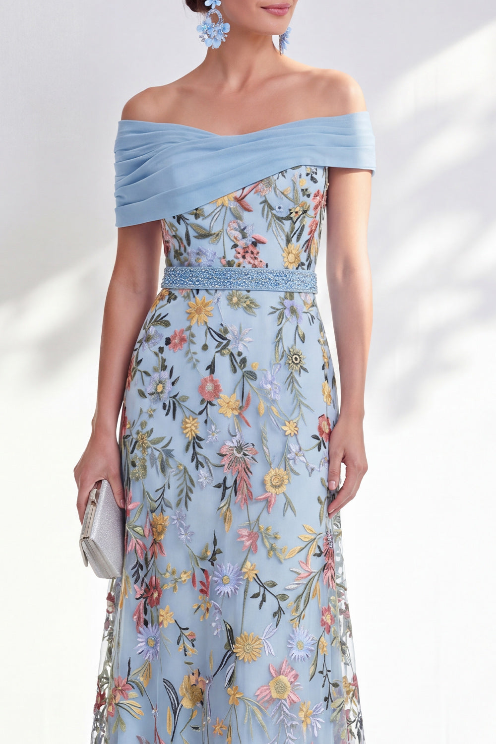 Green A-Line Off-the-Shoulder Floral Long Mother of the Bride Dress