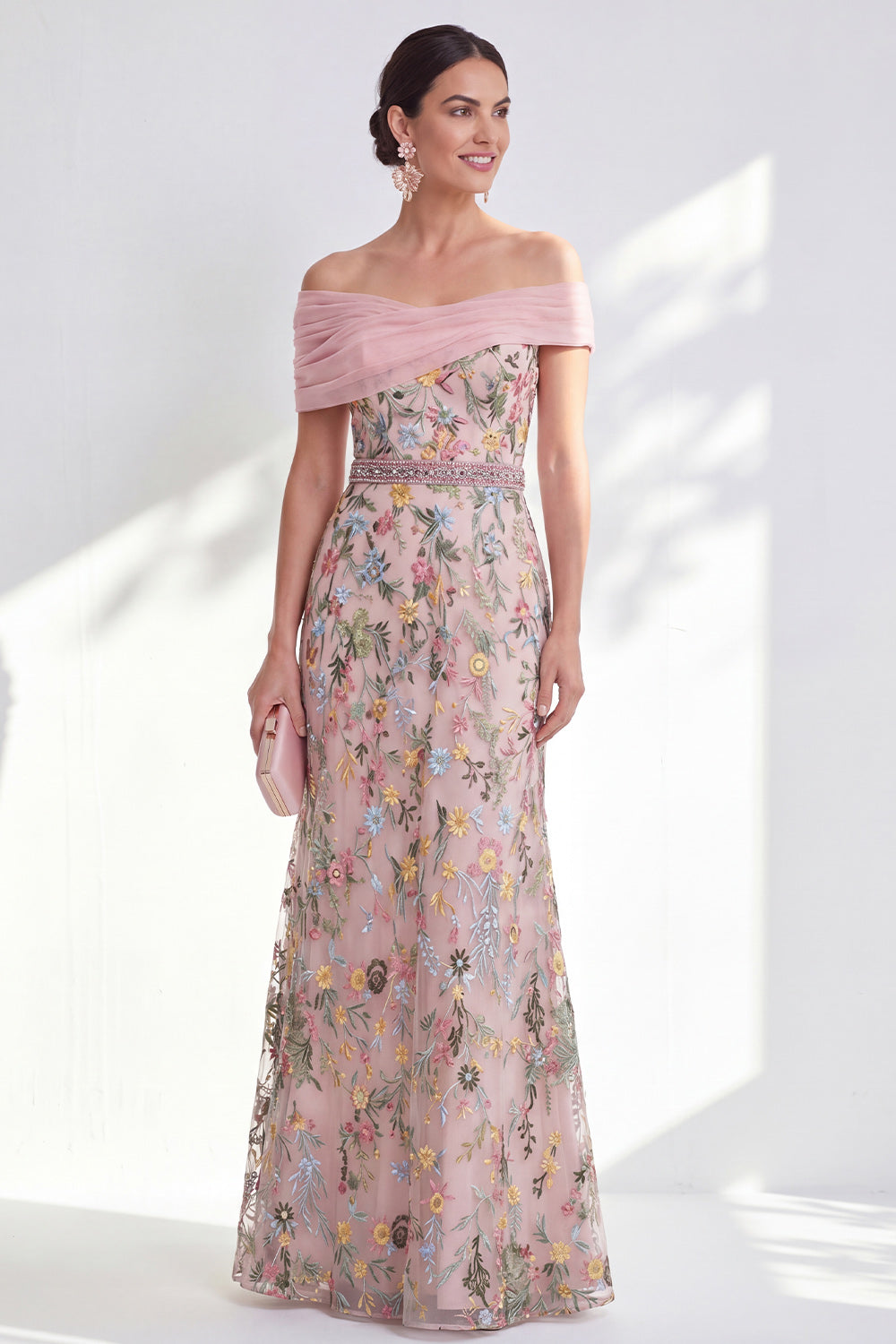 Green A-Line Off-the-Shoulder Floral Long Mother of the Bride Dress