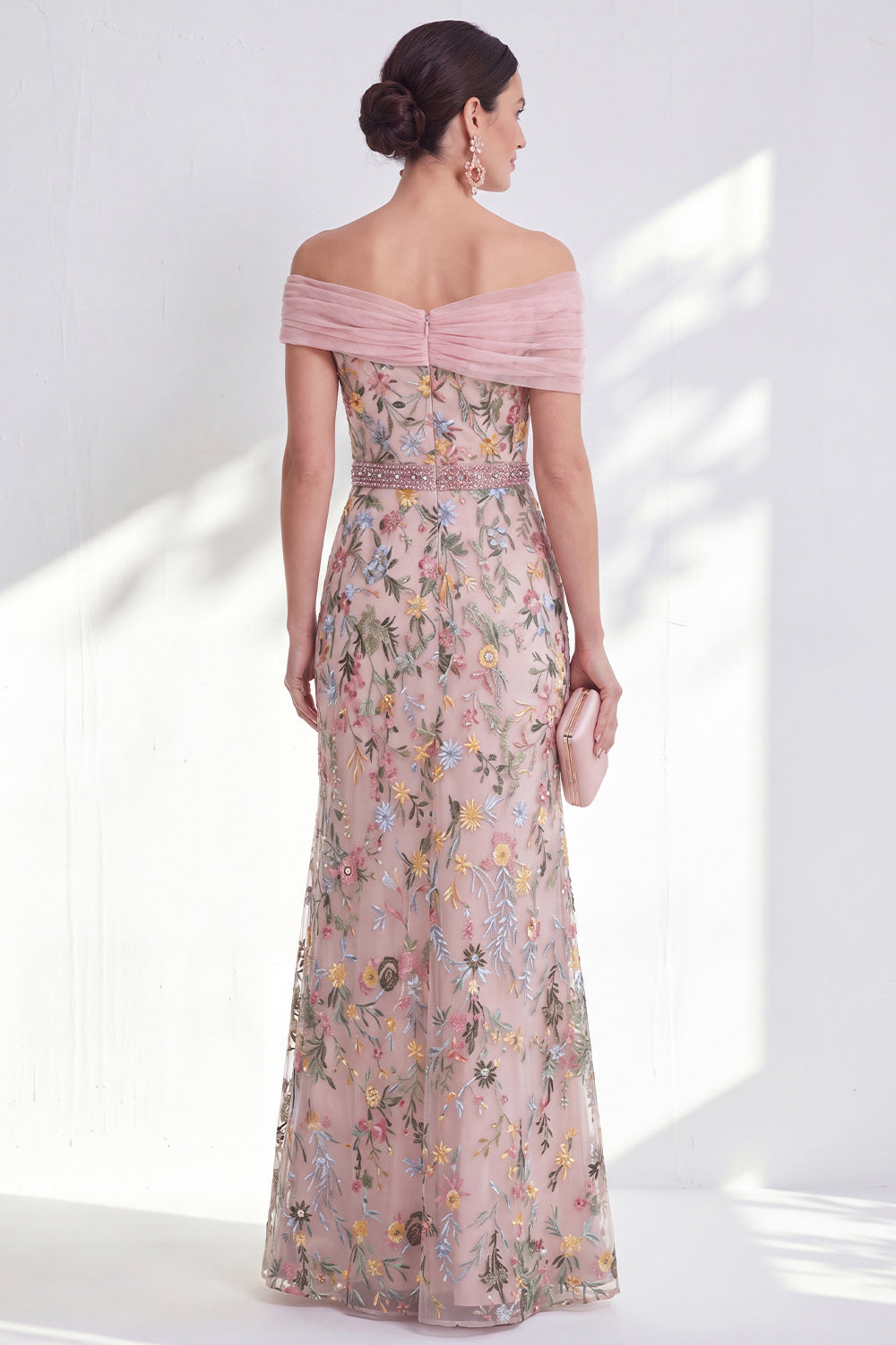 Green A-Line Off-the-Shoulder Floral Long Mother of the Bride Dress