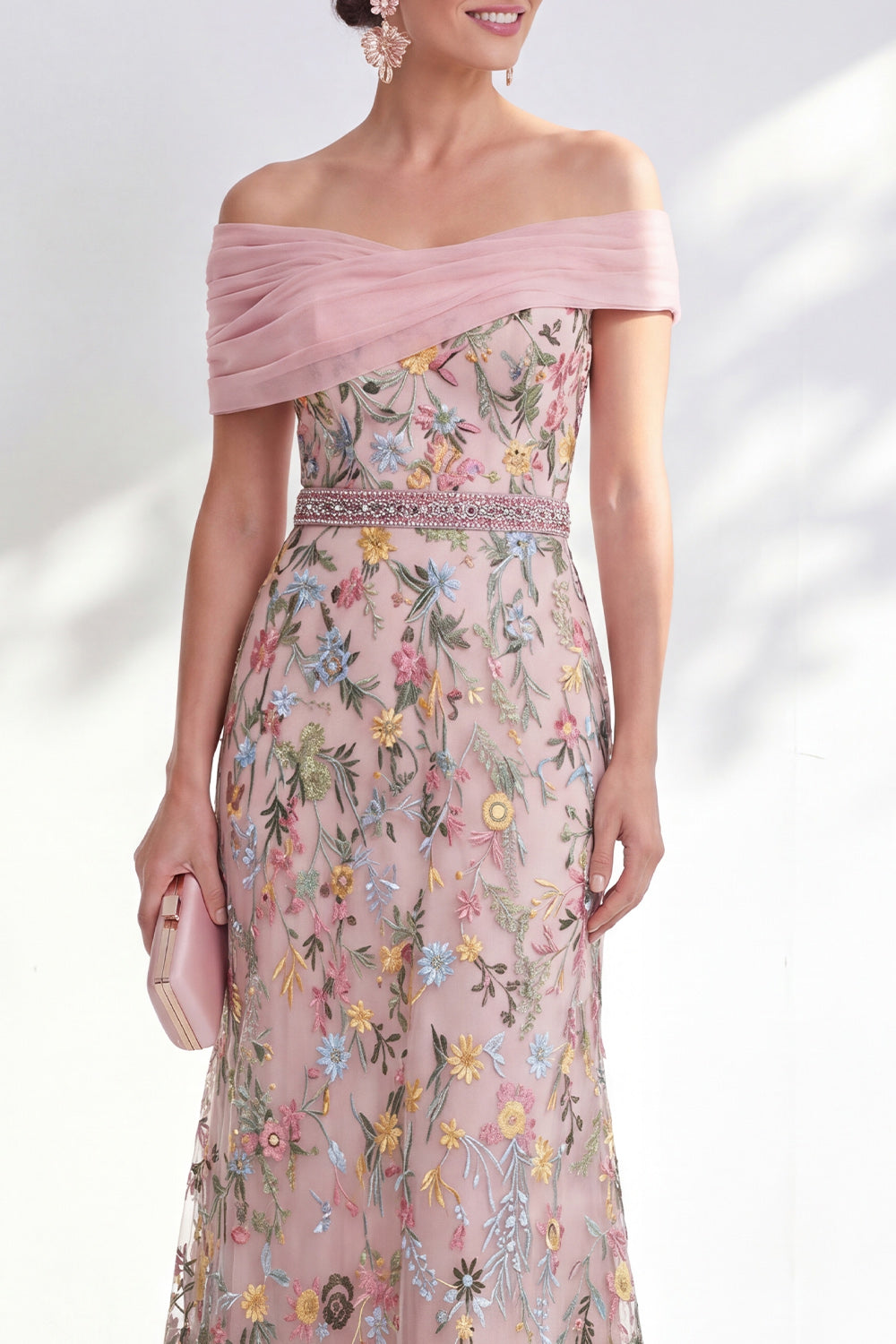 Green A-Line Off-the-Shoulder Floral Long Mother of the Bride Dress