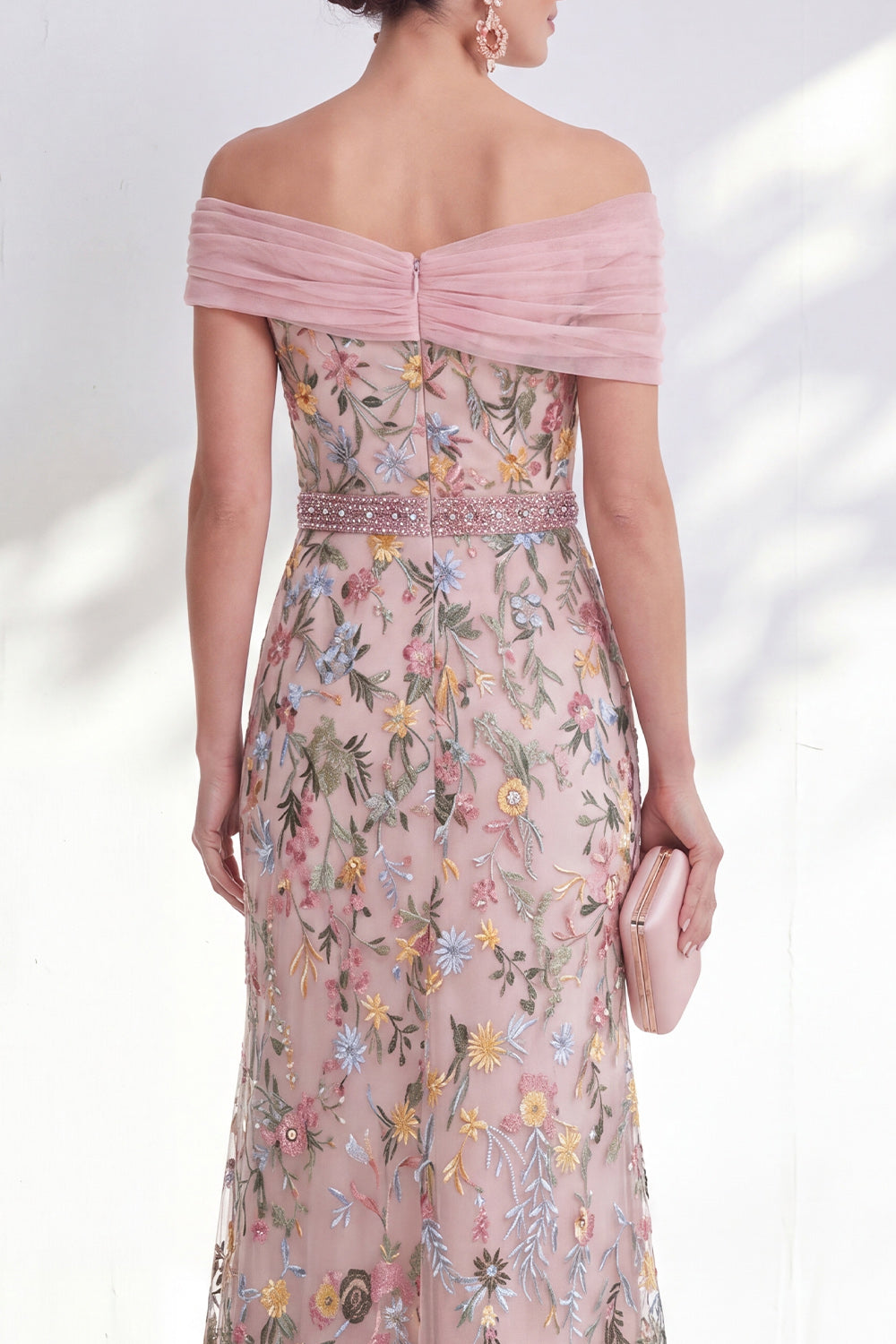 Green A-Line Off-the-Shoulder Floral Long Mother of the Bride Dress