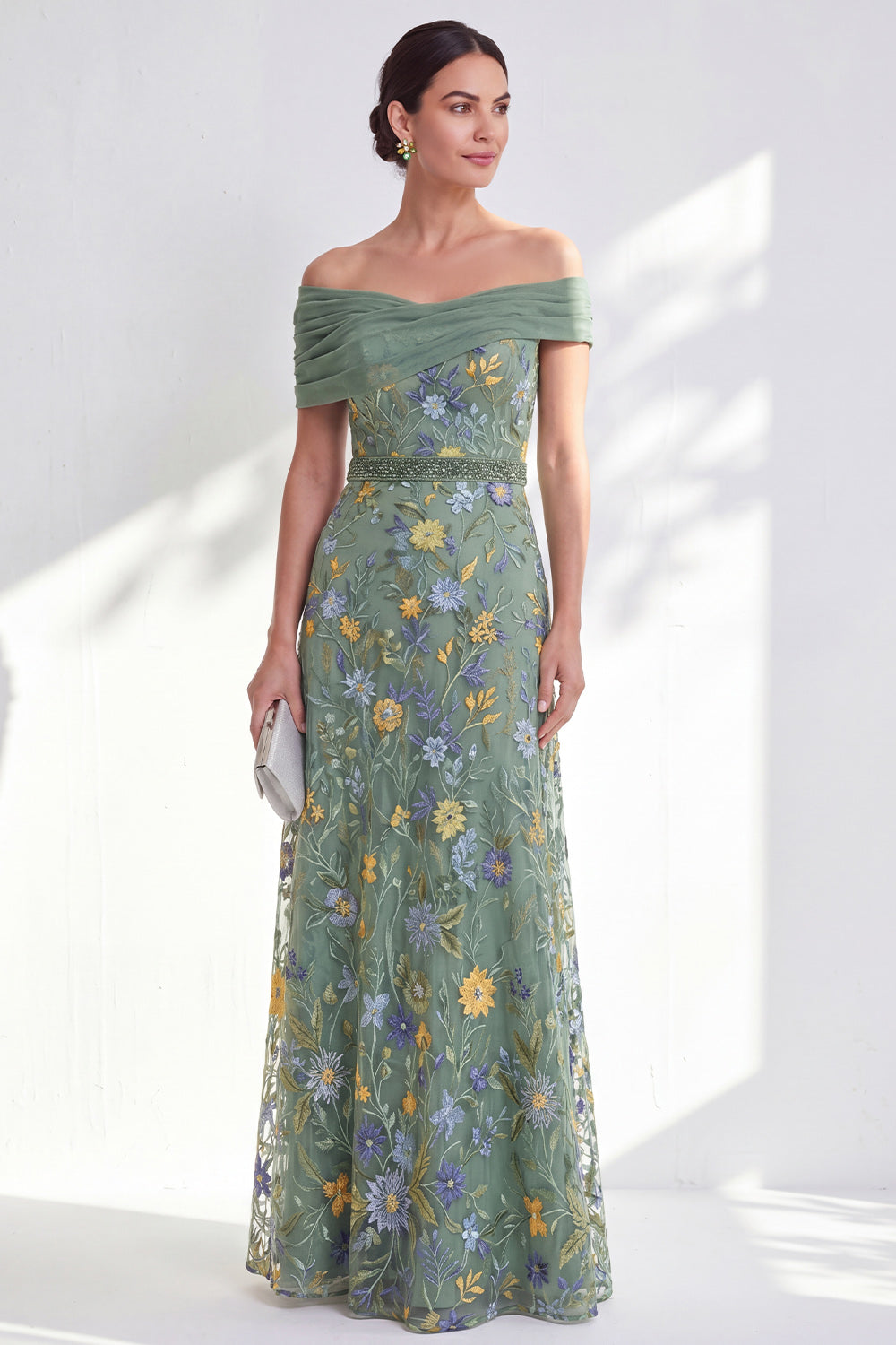 Green A-Line Off-the-Shoulder Floral Long Mother of the Bride Dress