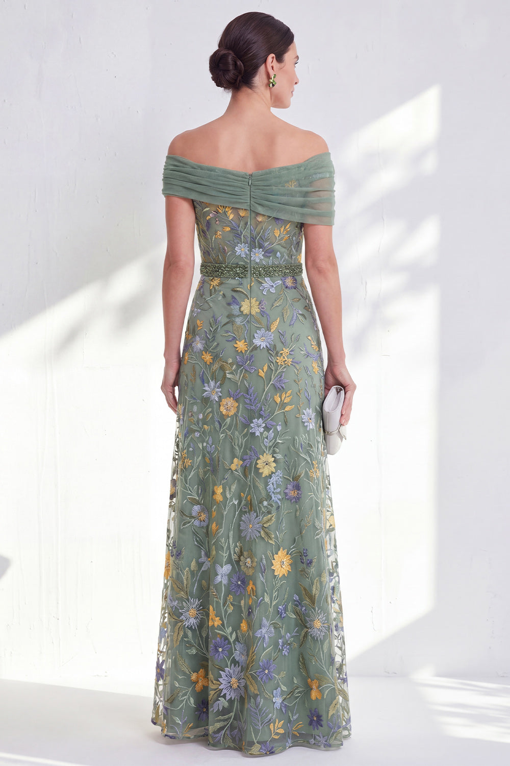Green A-Line Off-the-Shoulder Floral Long Mother of the Bride Dress