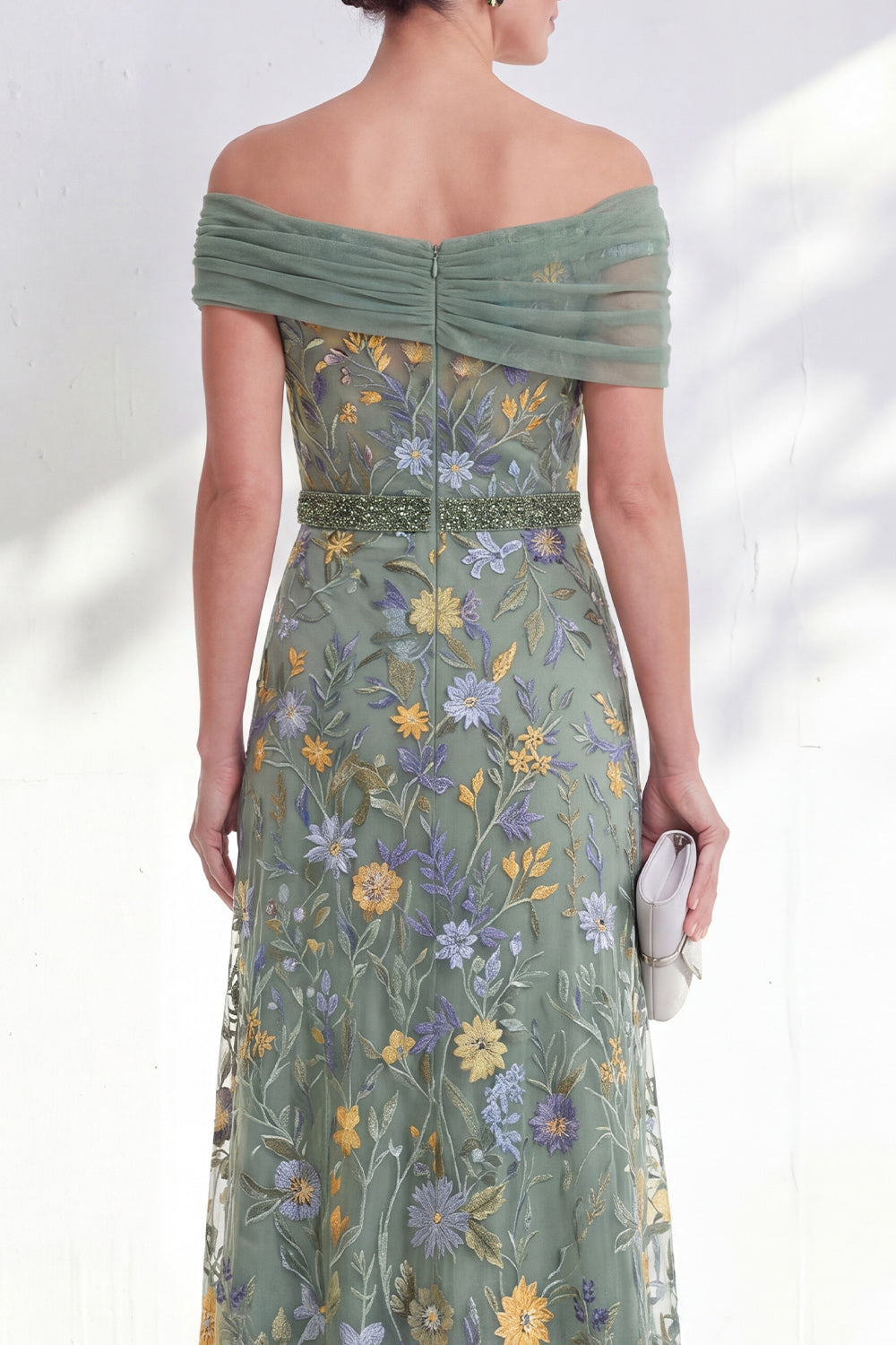 Green A-Line Off-the-Shoulder Floral Long Mother of the Bride Dress
