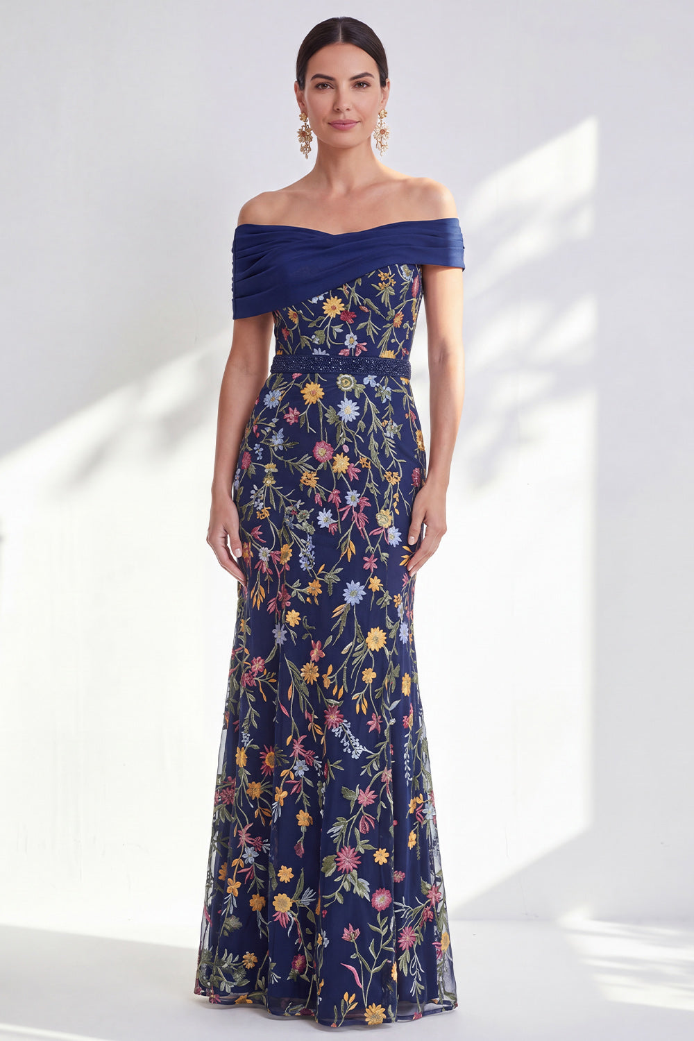 Green A-Line Off-the-Shoulder Floral Long Mother of the Bride Dress