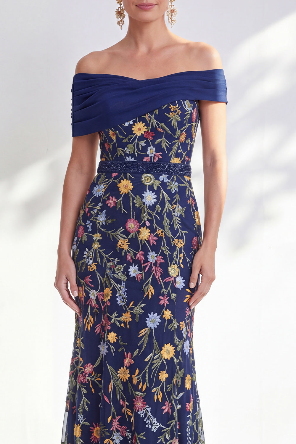 Green A-Line Off-the-Shoulder Floral Long Mother of the Bride Dress