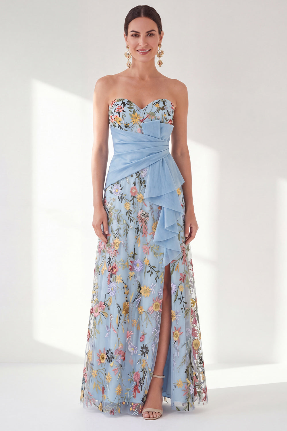 Blue A-Line Sweetheart Floral Long Mother Of the Bride Dress with Slit