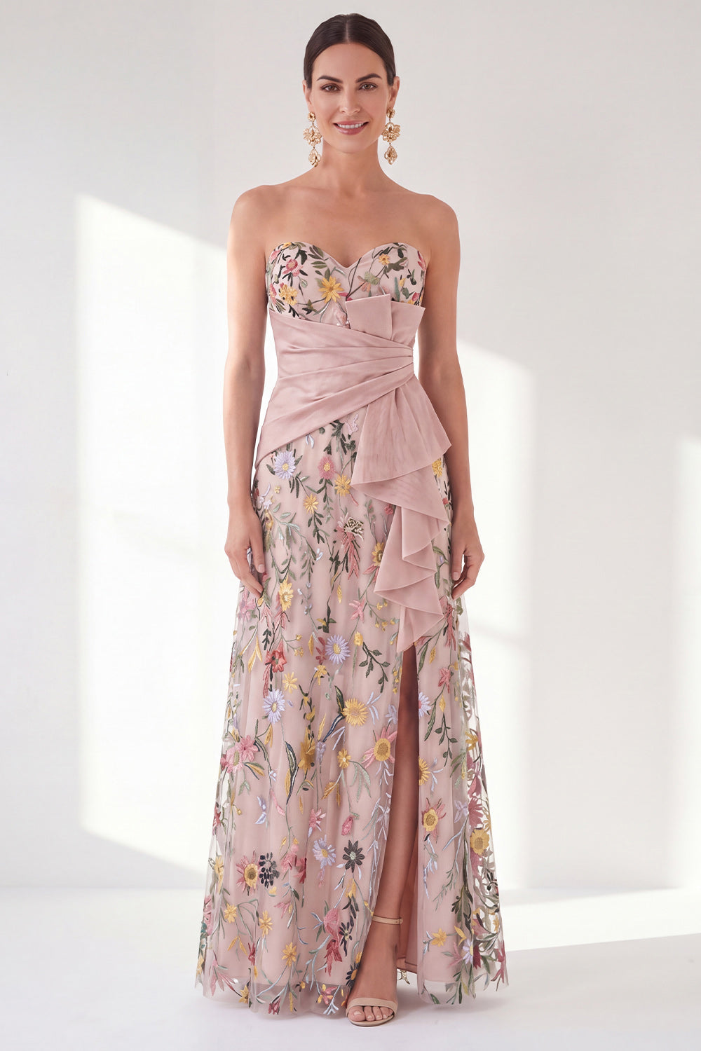 Blue A-Line Sweetheart Floral Long Mother Of the Bride Dress with Slit