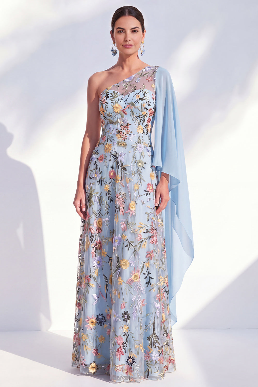 Blue A-Line One Shoulder Floral Long Mother Of the Bride Dress with Side Cape