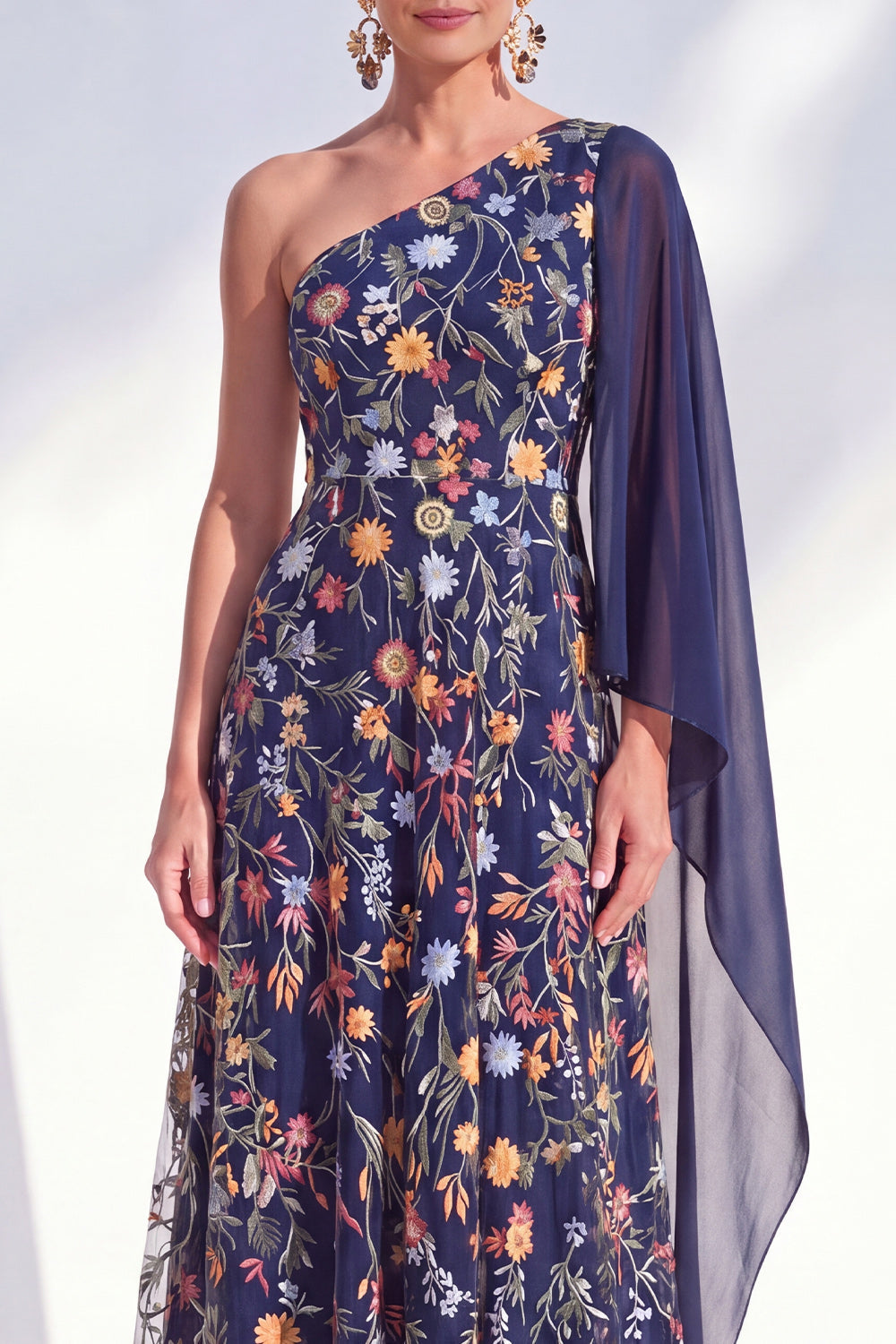 Blue A-Line One Shoulder Floral Long Mother Of the Bride Dress with Side Cape
