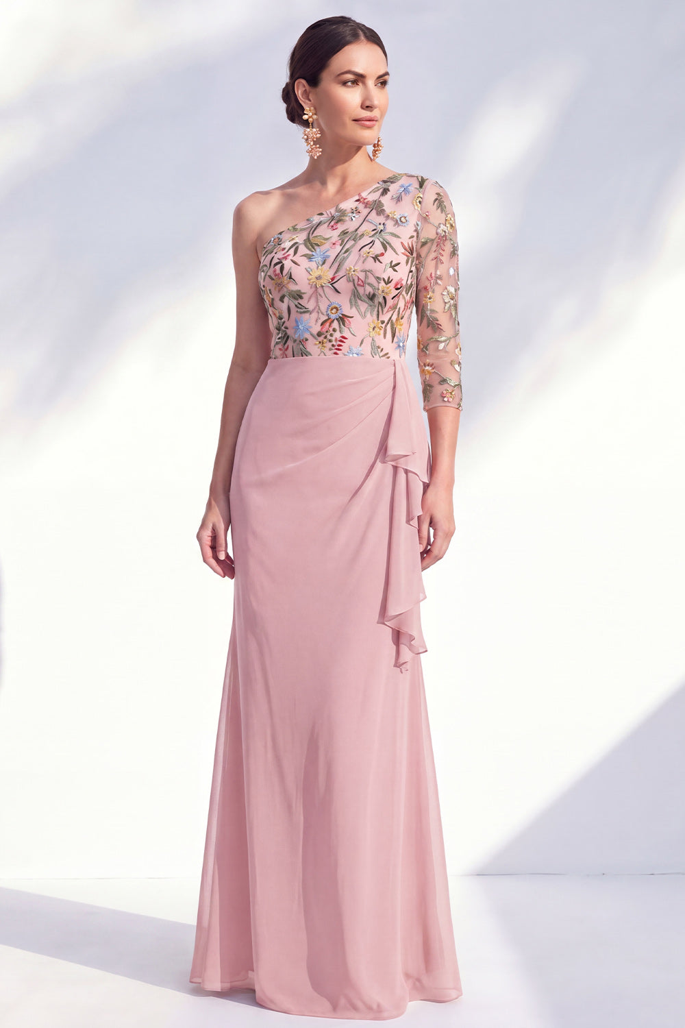 Robe longue de mère de la mariée sirène, gris-violet, florale, asymétrique