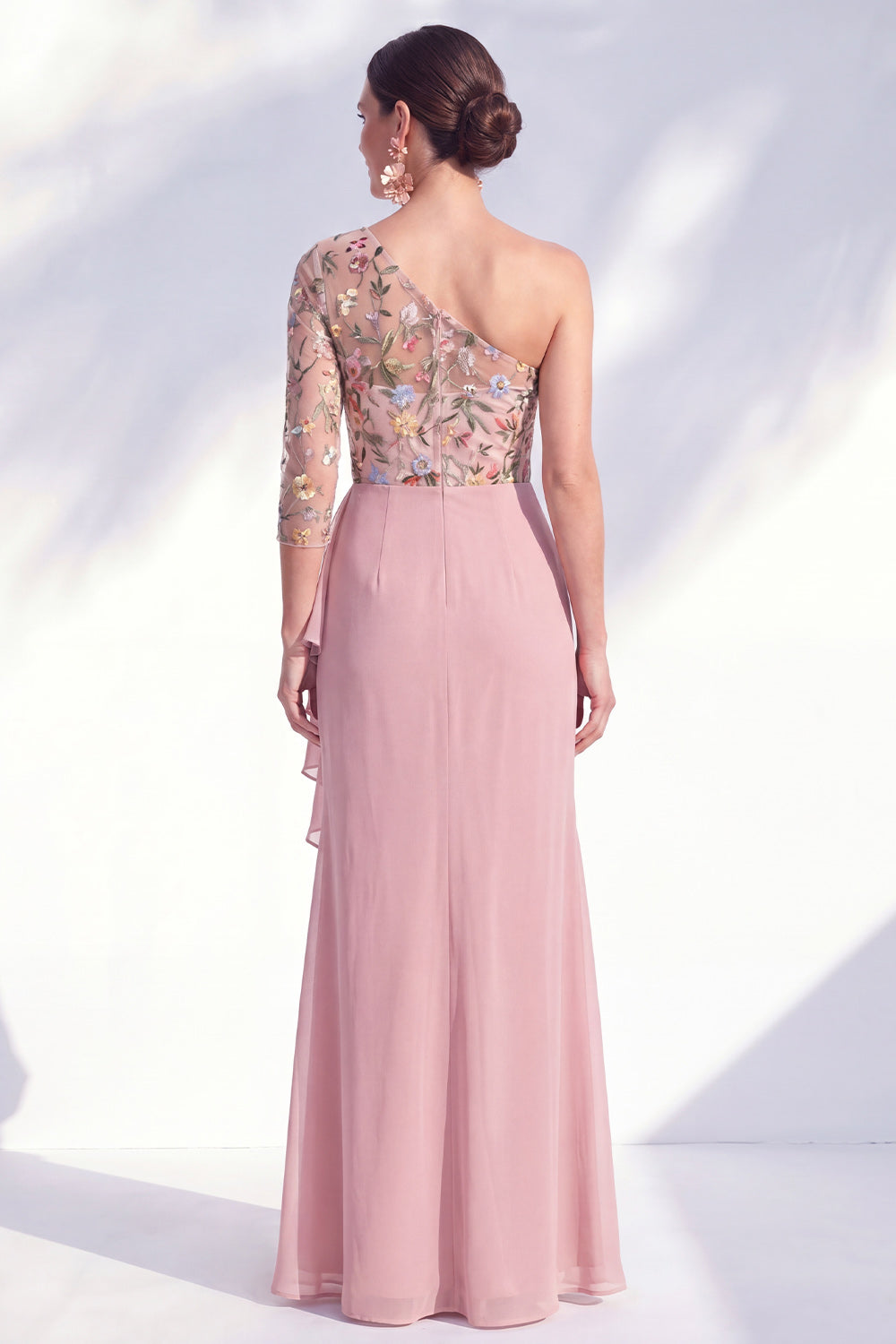 Robe longue de mère de la mariée sirène, gris-violet, florale, asymétrique