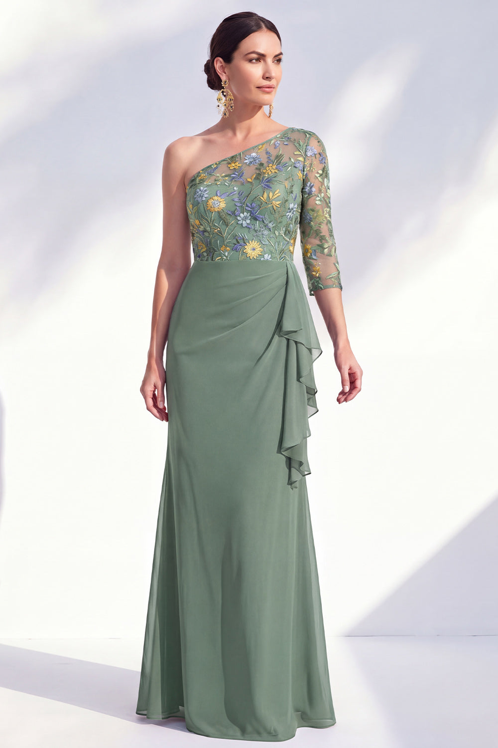 Robe longue de mère de la mariée sirène, gris-violet, florale, asymétrique