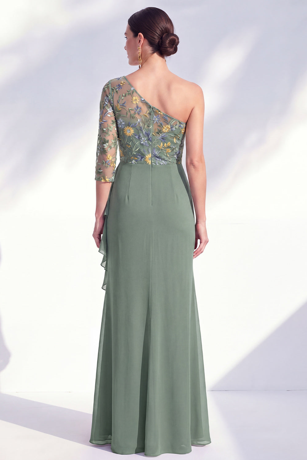 Robe longue de mère de la mariée sirène, gris-violet, florale, asymétrique