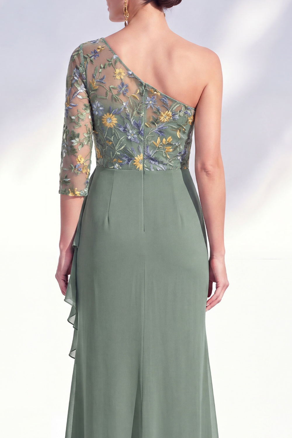 Robe longue de mère de la mariée sirène, gris-violet, florale, asymétrique