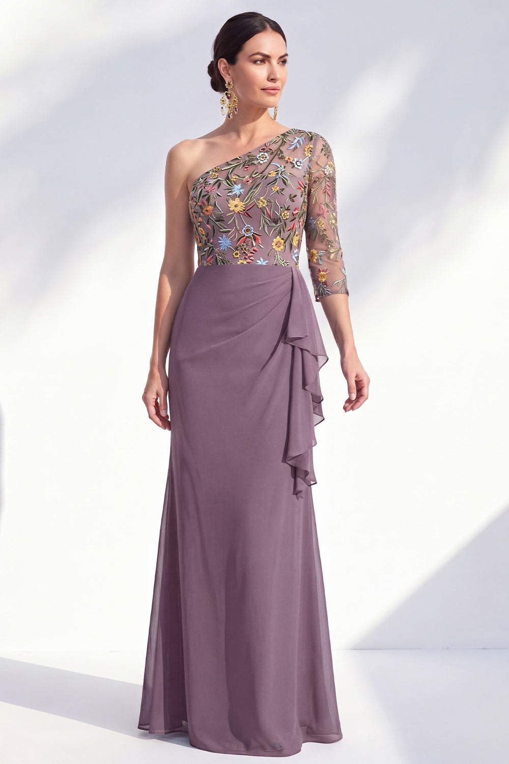 Robe longue de mère de la mariée sirène, gris-violet, florale, asymétrique