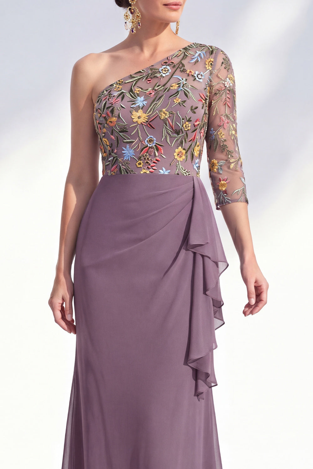 Robe longue de mère de la mariée sirène, gris-violet, florale, asymétrique