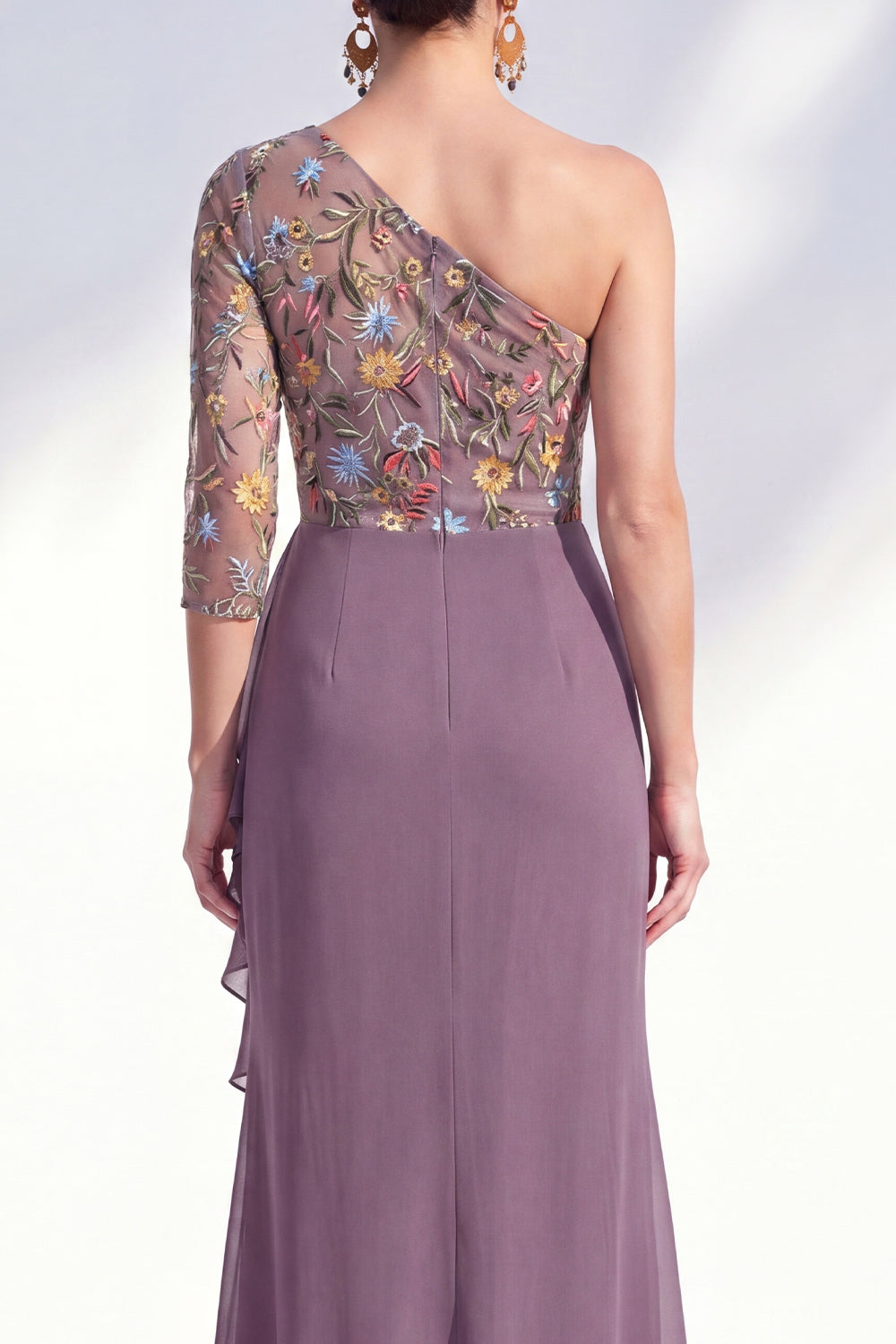 Robe longue de mère de la mariée sirène, gris-violet, florale, asymétrique