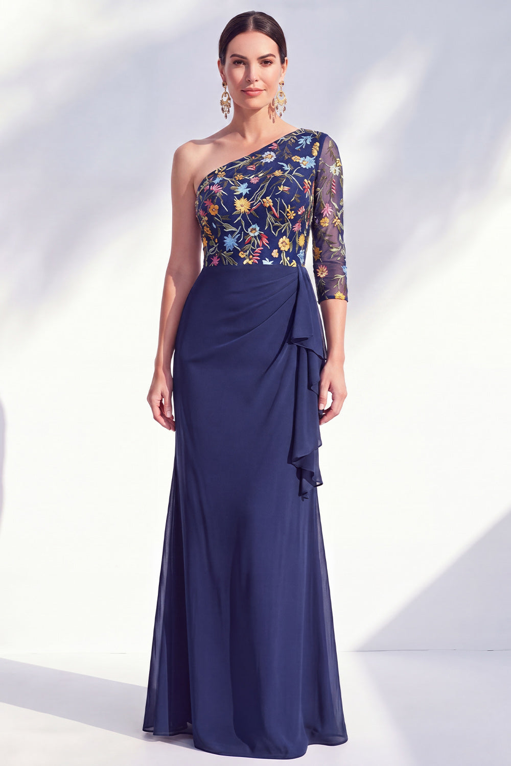 Robe longue de mère de la mariée sirène, gris-violet, florale, asymétrique