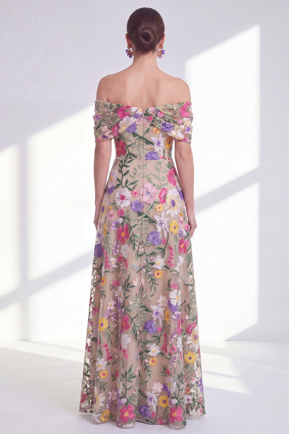 A-Line Light Khaki Off the Shoulder Floral High Low Mother Of the Bride Dress