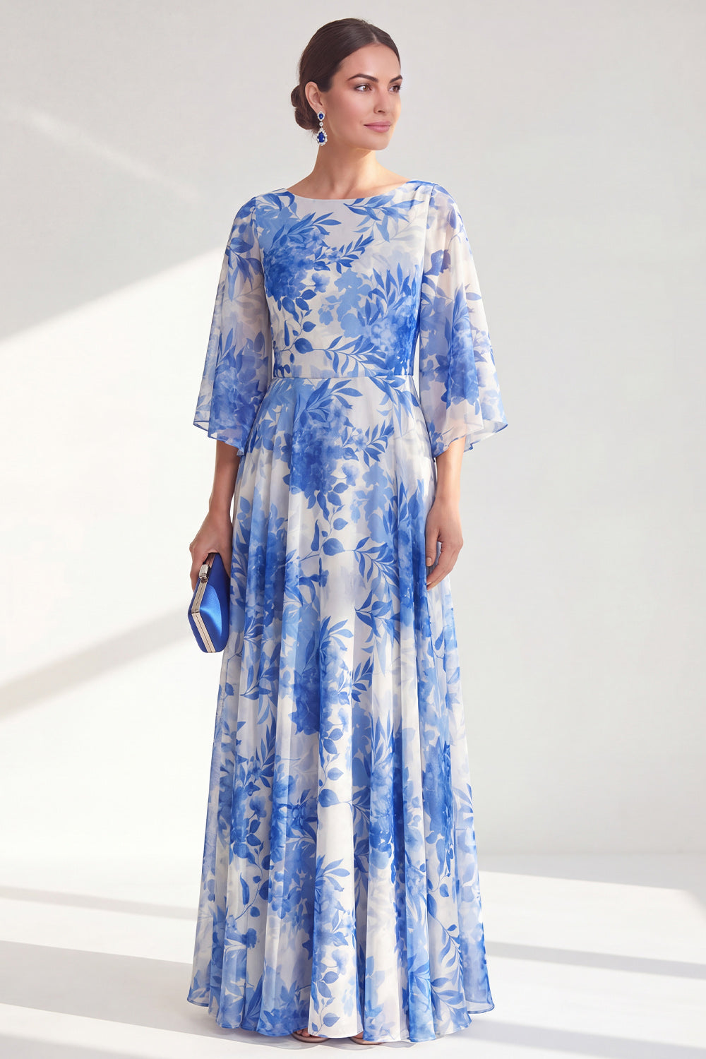 Blue A-Line Bateau Neck Chiffon Floral Long Mother Of the Bride Dress with 3/4 Sleeves