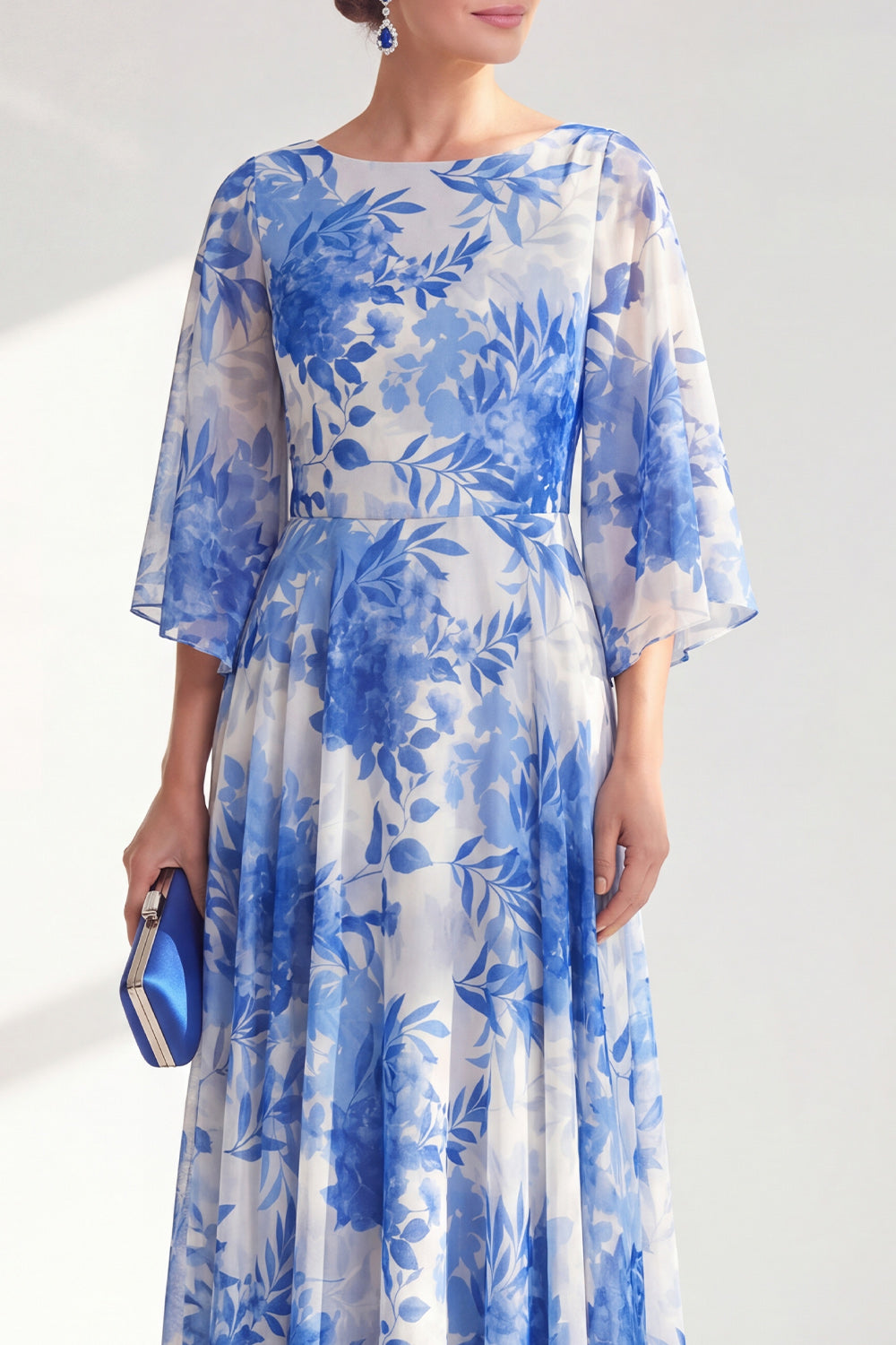 Blue A-Line Bateau Neck Chiffon Floral Long Mother Of the Bride Dress with 3/4 Sleeves