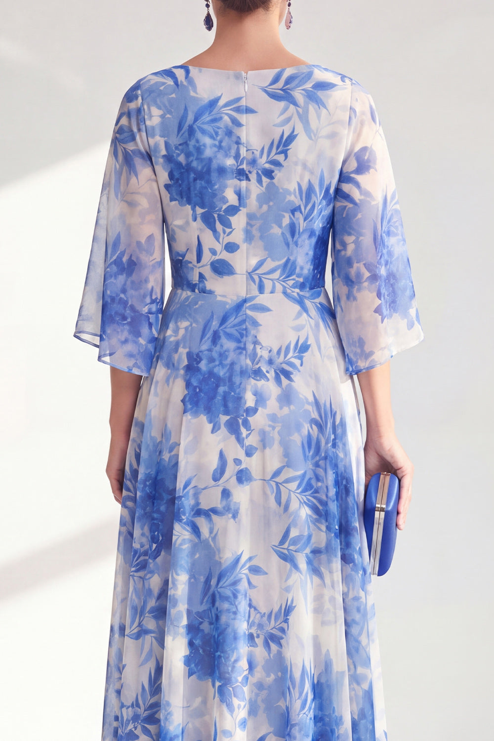 Blue A-Line Bateau Neck Chiffon Floral Long Mother Of the Bride Dress with 3/4 Sleeves