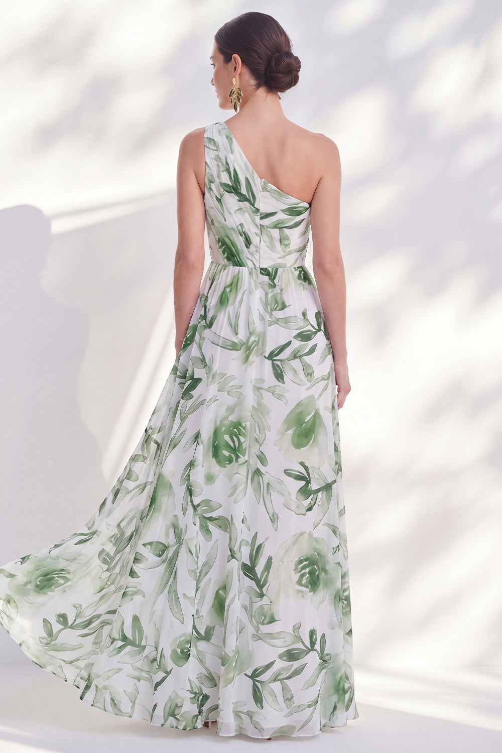 One Shoulder Green A-Line Floral Chiffon Long Mother Of the Bride Dress with Slit