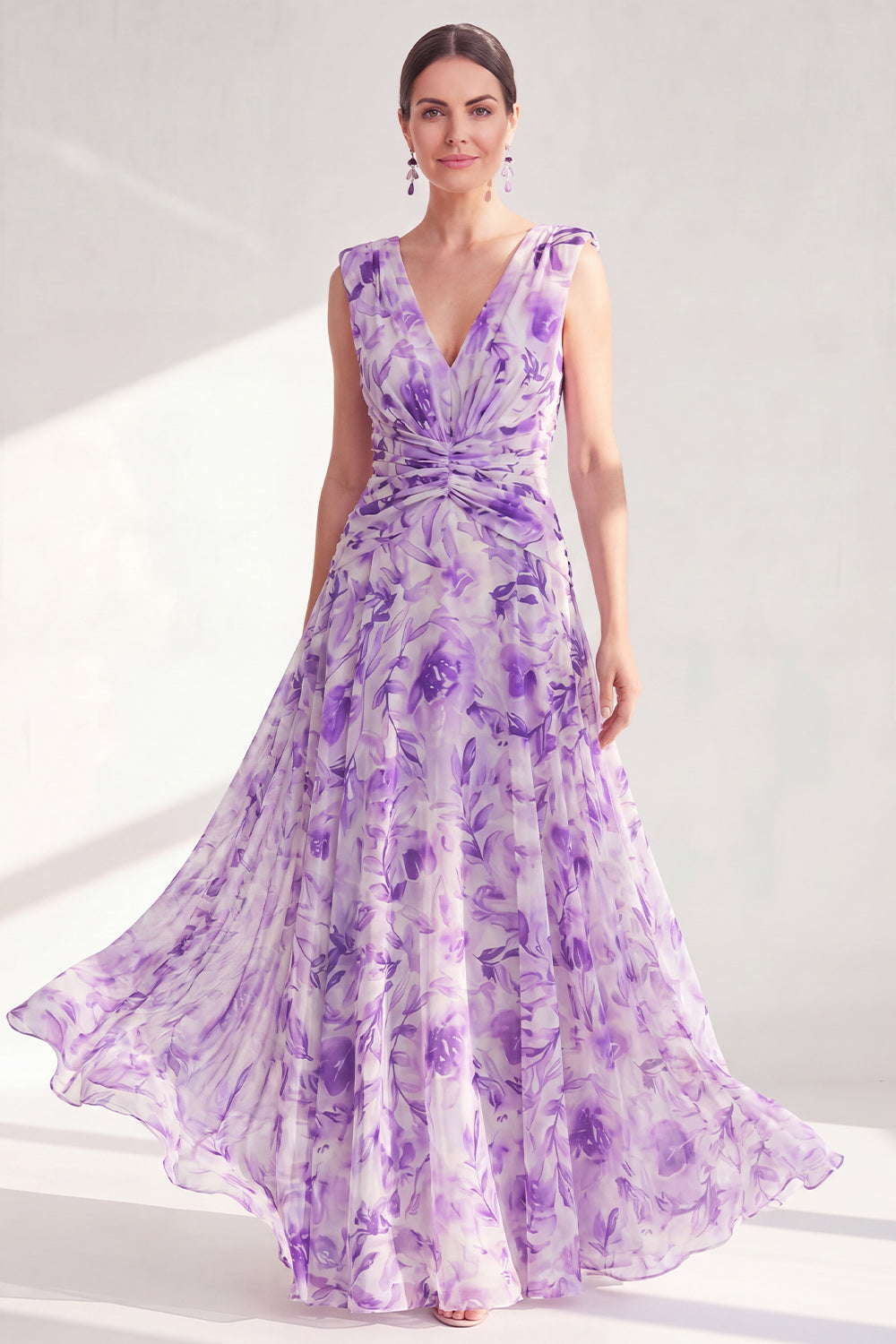 A-Line Purple V-Neck Floral Chiffon Ruched Long Mother of the Bride Dress