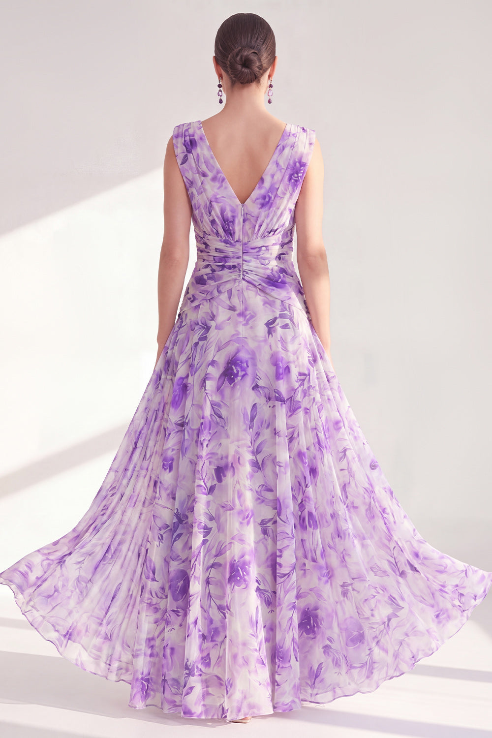 A-Line Purple V-Neck Floral Chiffon Ruched Long Mother of the Bride Dress