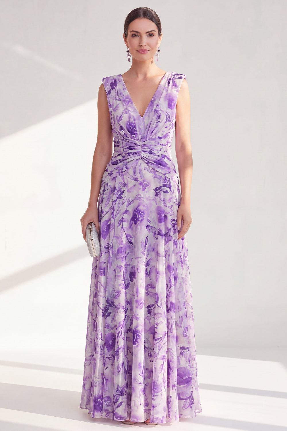 A-Line Purple V-Neck Floral Chiffon Ruched Long Mother of the Bride Dress
