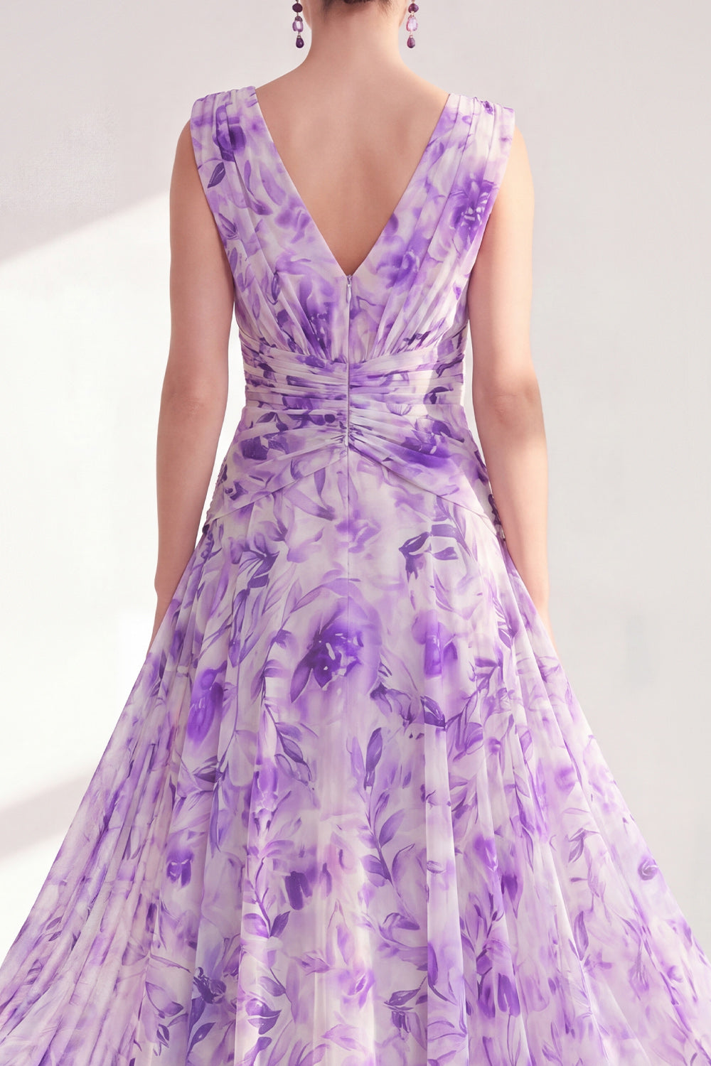 A-Line Purple V-Neck Floral Chiffon Ruched Long Mother of the Bride Dress