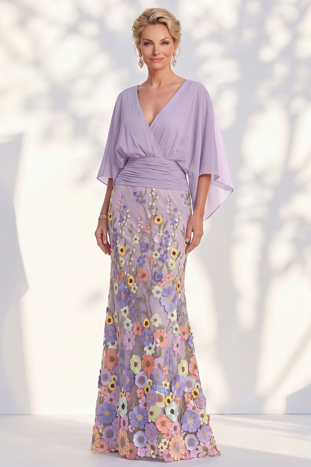 Mermaid Champagne Floral V-Neck Long Mother Of the Bride Dress with Cape Sleeves