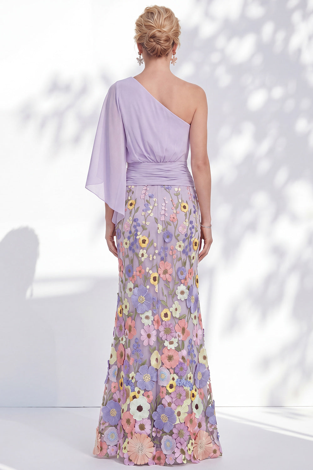 One Shoulder Lilac Mermaid Floral Long Mother Of the Bride Dress with Cape Sleeves