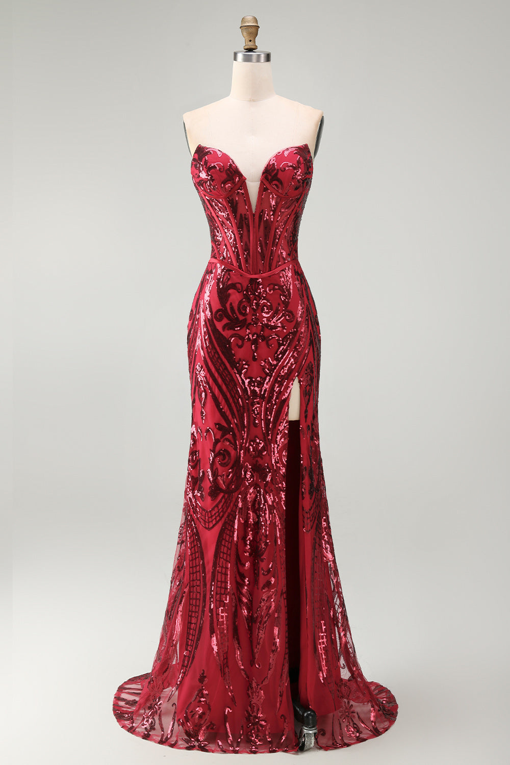 Red Mermaid Sheer Corset Sweetheart Beaded Long Pageant Dress with Sash