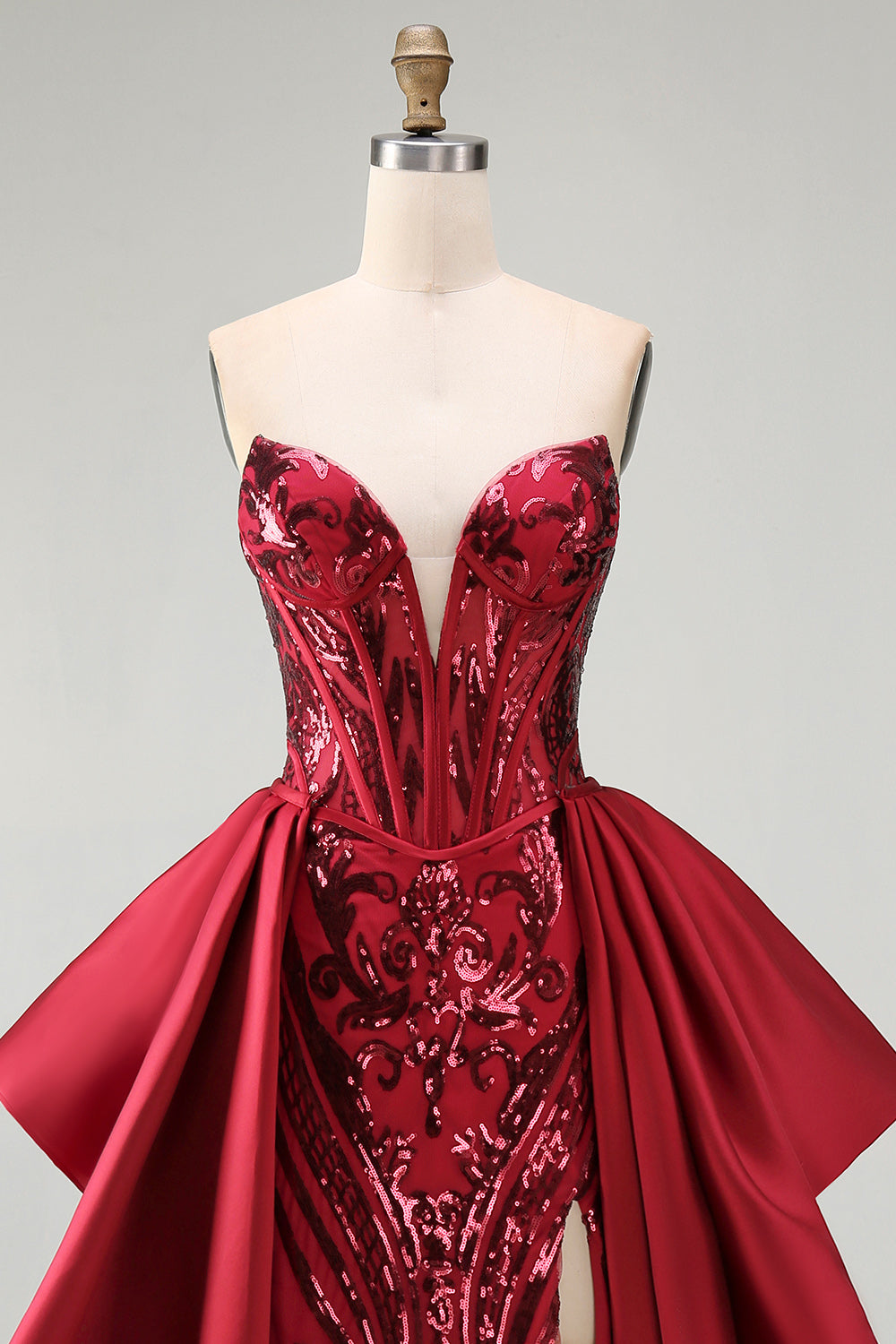 Red Mermaid Sheer Corset Sweetheart Beaded Long Pageant Dress with Sash